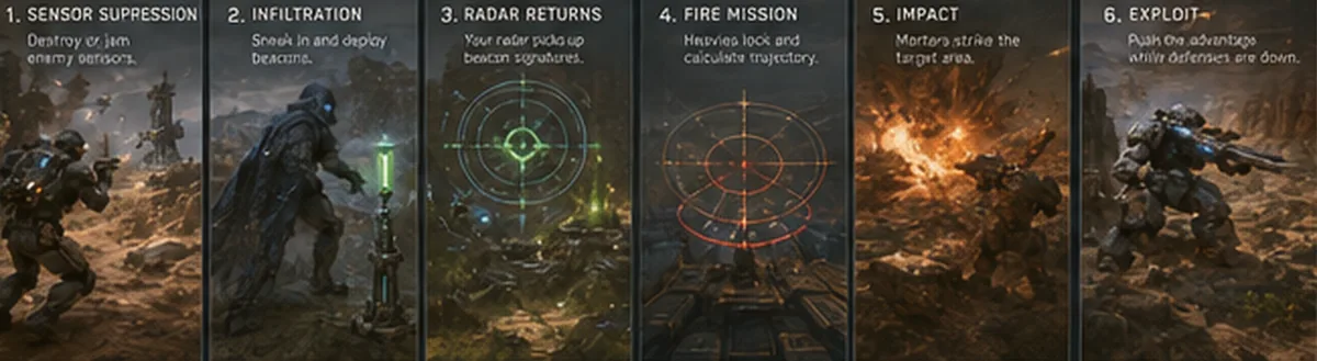 Six panels of a beacon-artillery chain: sensor suppression, infiltration, radar returns, fire mission, impact, exploit